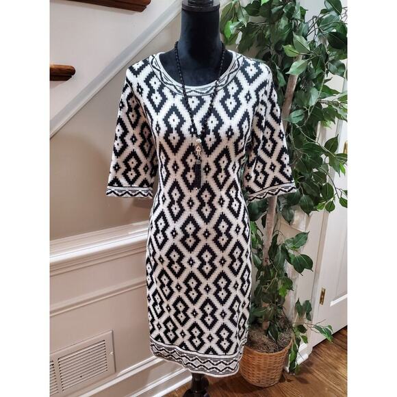 Beige Eci Woman Black & White Sweater Round Neck 3/4 Sleeve Knee Length Dress XL - Picture 1 of 12